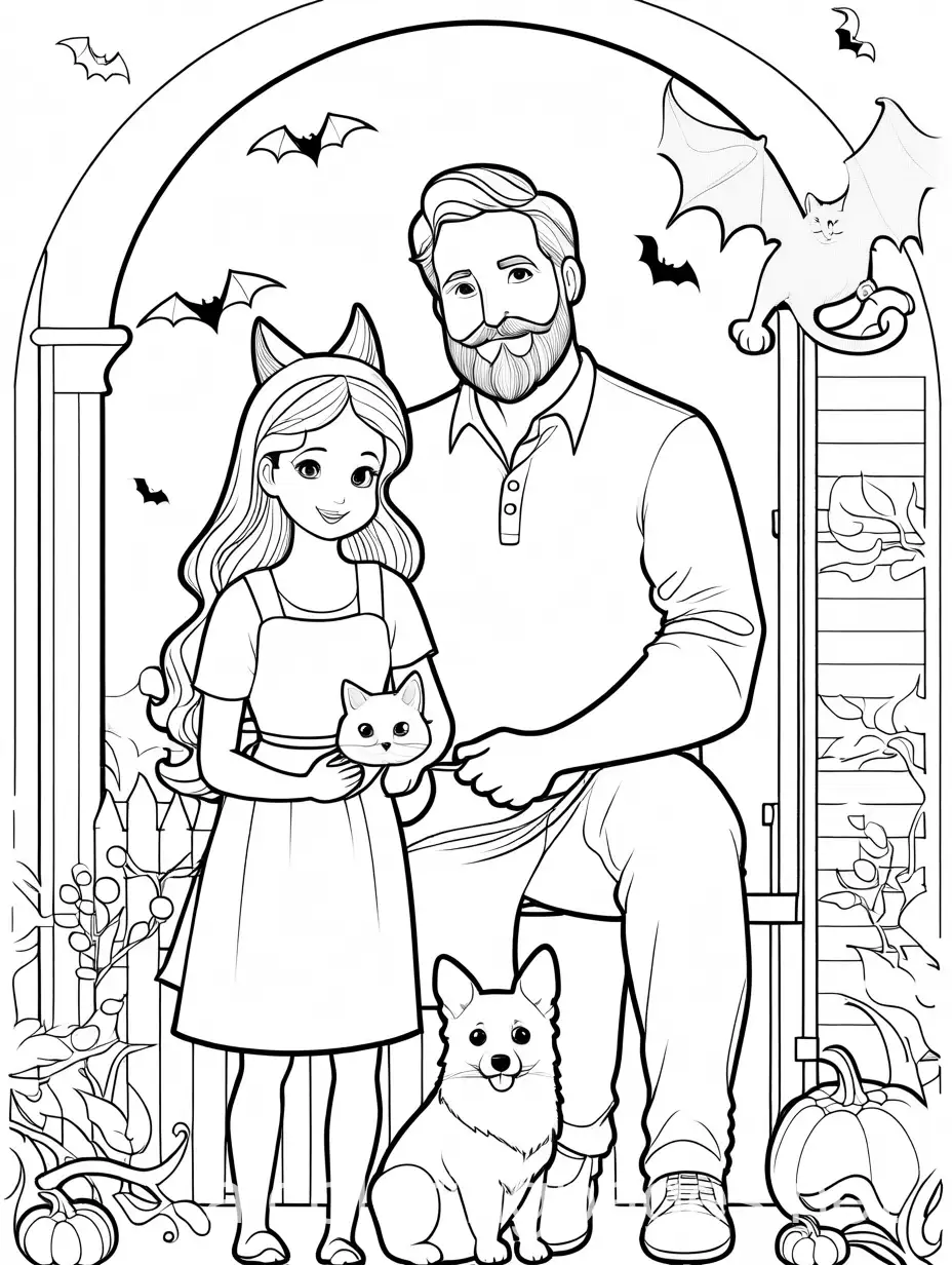 Dad-with-Beard-Daughter-Corgi-and-Cat-Celebrating-Halloween