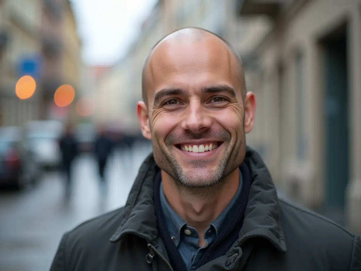 Street portrait of a Bald young man in his 30s looking straight at the camera and smiling. He may have undergone chemotherapy and cancer treatment.