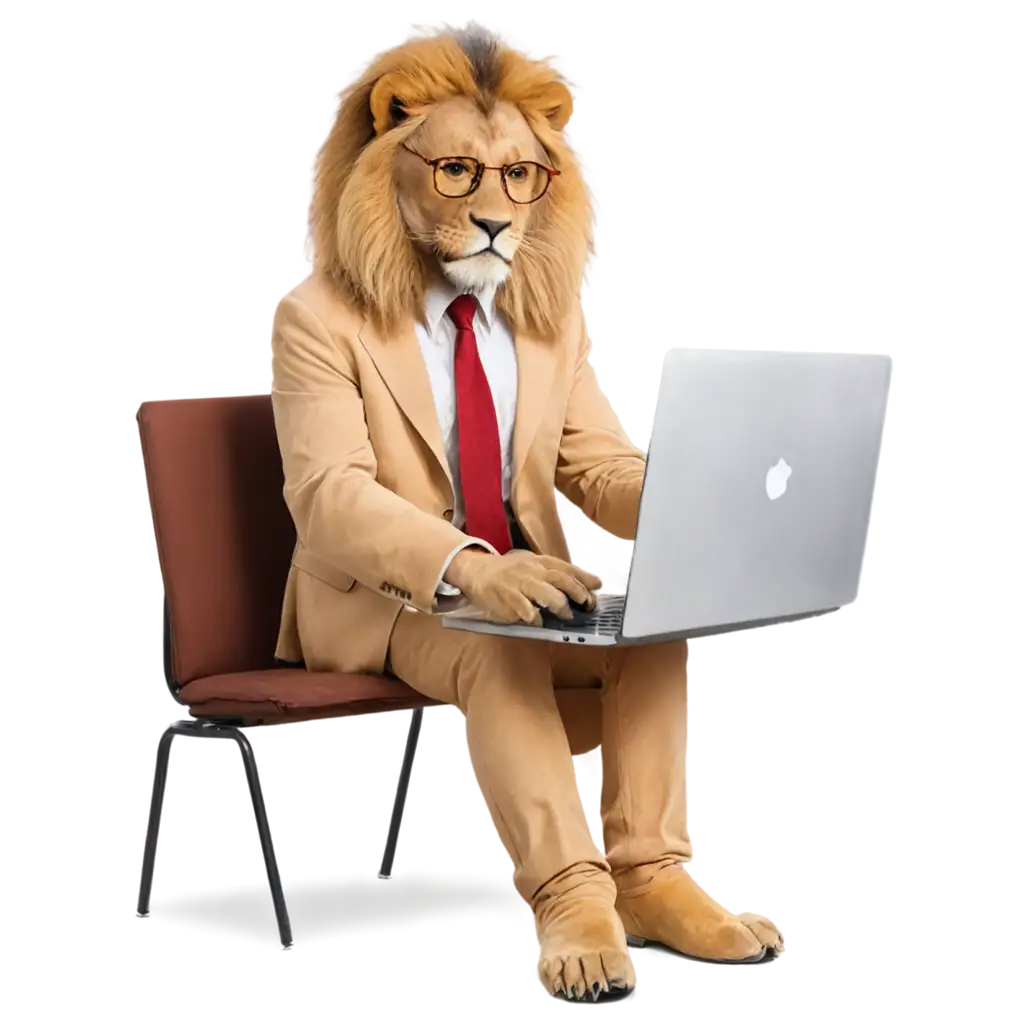 Stylish-Lion-with-Glasses-Operating-a-Laptop-PNG-A-Unique-Visual-Treat