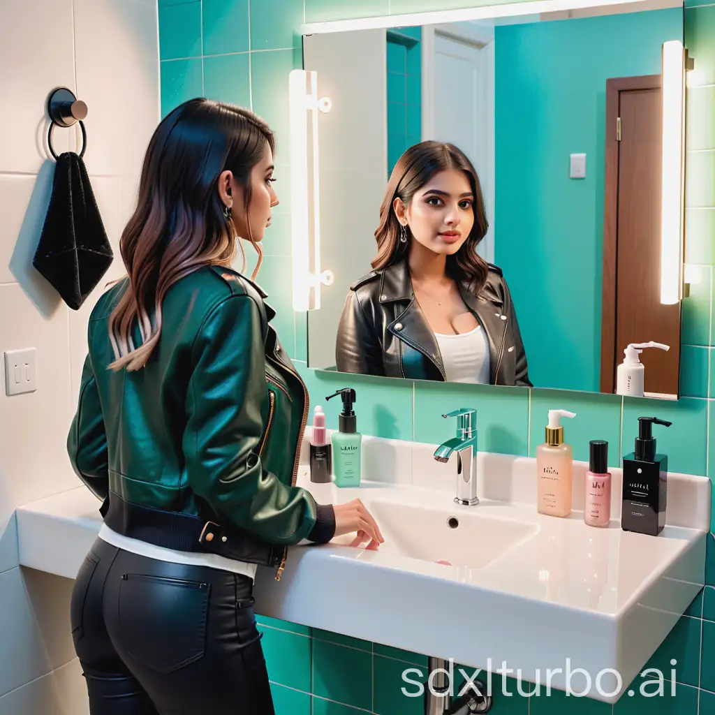 Create an image of a Indian AI influencer in a small, tiled bathroom with a greenish lighting tint, reflected in a large mirror. They are wearing a white top and a black leather jacket, holding an open book. The counter in front of the mirror is cluttered with makeup products like a palette, lipsticks, and a perfume bottle, alongside a small blue cosmetic bag. A black handbag with straps hangs on the wall to the left, and a sink is visible on the right. The overall mood is casual yet edgy, with a focus on a modern, slightly moody aesthetic. show the reflection in the mirror, not on sink or outside the mirror, remove the legs from below the sink and add the back profile of the person looking into the mirror