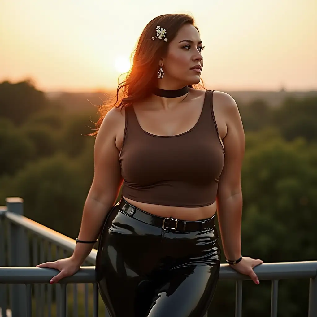 Confident-Curvy-Woman-in-Latex-Outfit-at-Sunset-Viewpoint