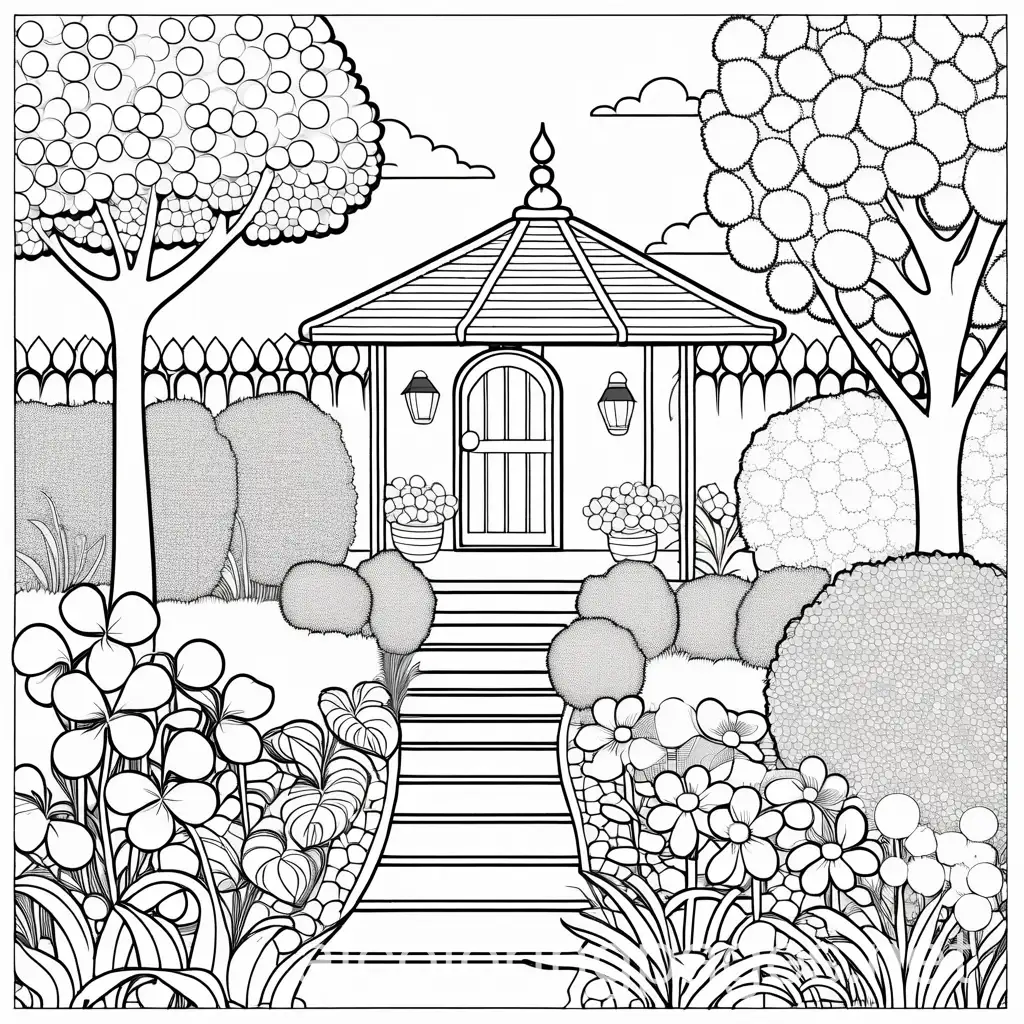 garden, Coloring Page, black and white, line art, white background, Simplicity, Ample White Space. The background of the coloring page is plain white to make it easy for young children to color within the lines. The outlines of all the subjects are easy to distinguish, making it simple for kids to color without too much difficulty