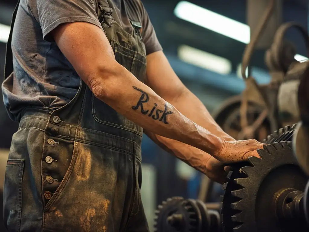 Worker with Risk Tattooed on Arm in Overalls