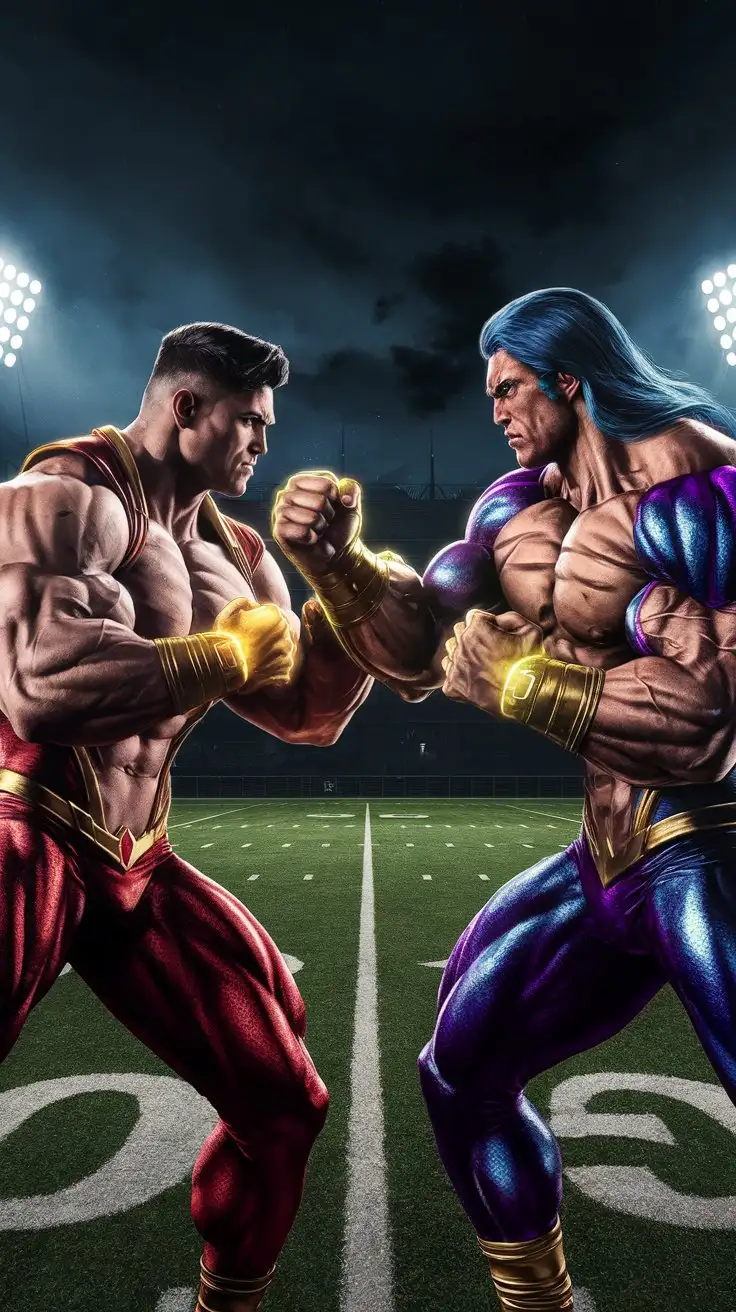 Young-Bodybuilder-Superheroes-Sparring-on-a-Nighttime-Football-Field