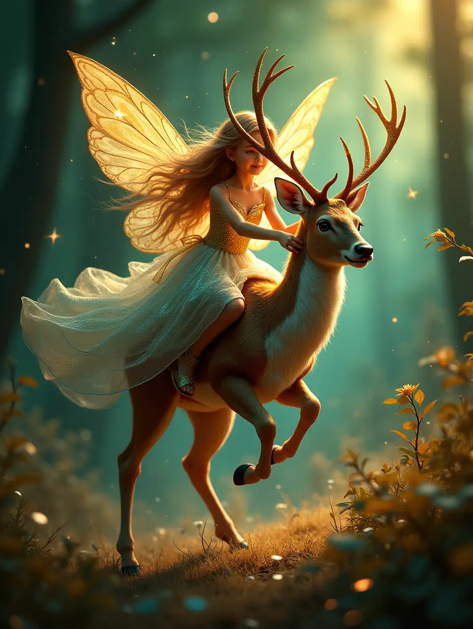 Stardust, golden sequins, blurred forest background, wild plants, excellent drawing, wind, mother-of-pearl threads and lines, hyperdetalization, beautiful fairy girl riding a deer, close-up, iridescent texture, neon green backlight, dynamic pose