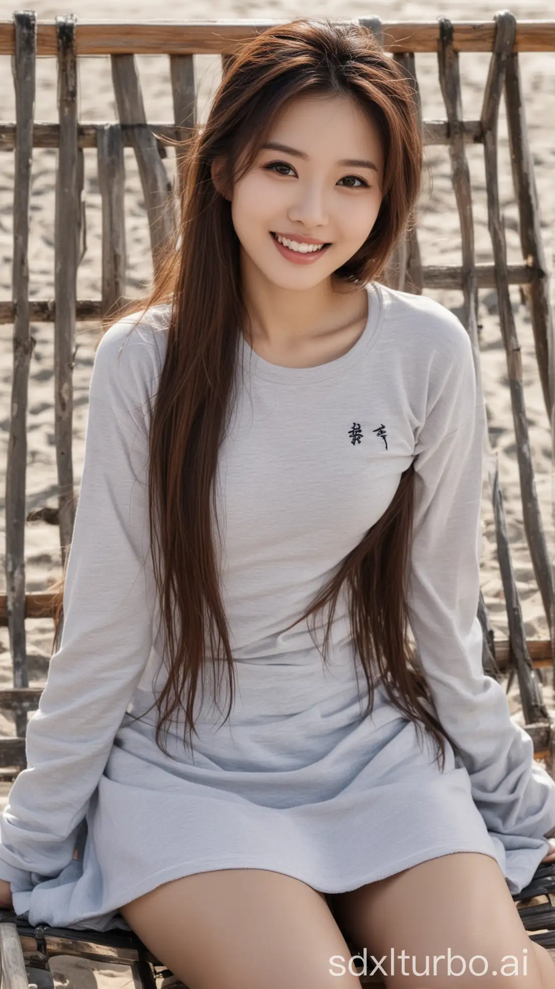 Chinese-Woman-Relaxing-on-Beach-Chair-in-Winter-with-Sweet-Smile