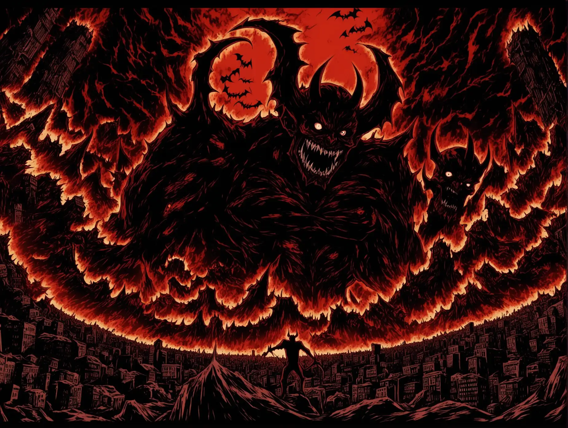 Anime-style movie poster of a great devil destroying the world in a very dark and scary style