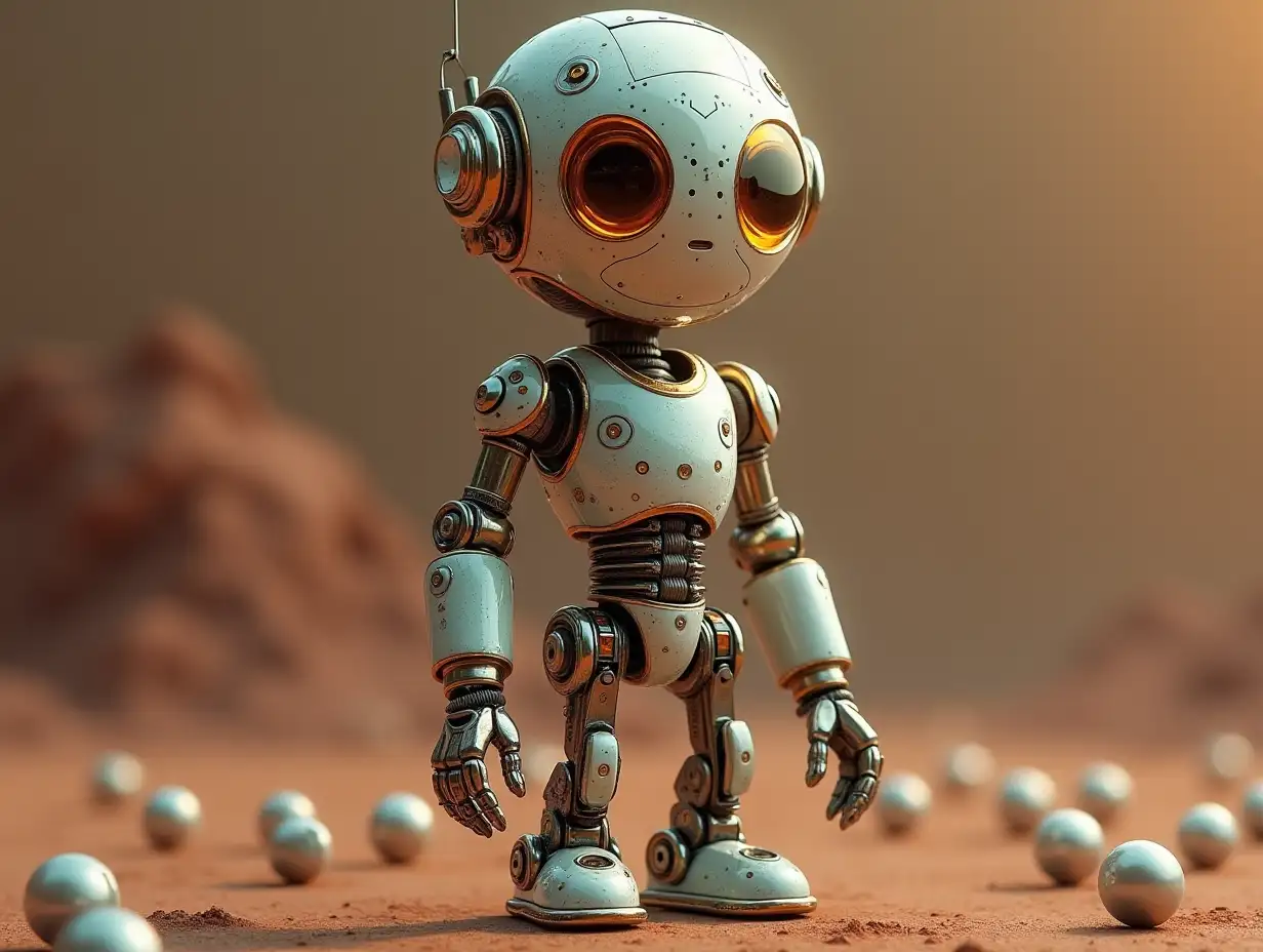 Create a high-resolution, realistic image of the artificial intelligence Robert three meters tall with glass eyes, arms and legs, gears on the cheeks and a glass head with visible golden brain, screws and many glass balls on the floor, Mars with 4k resolution.