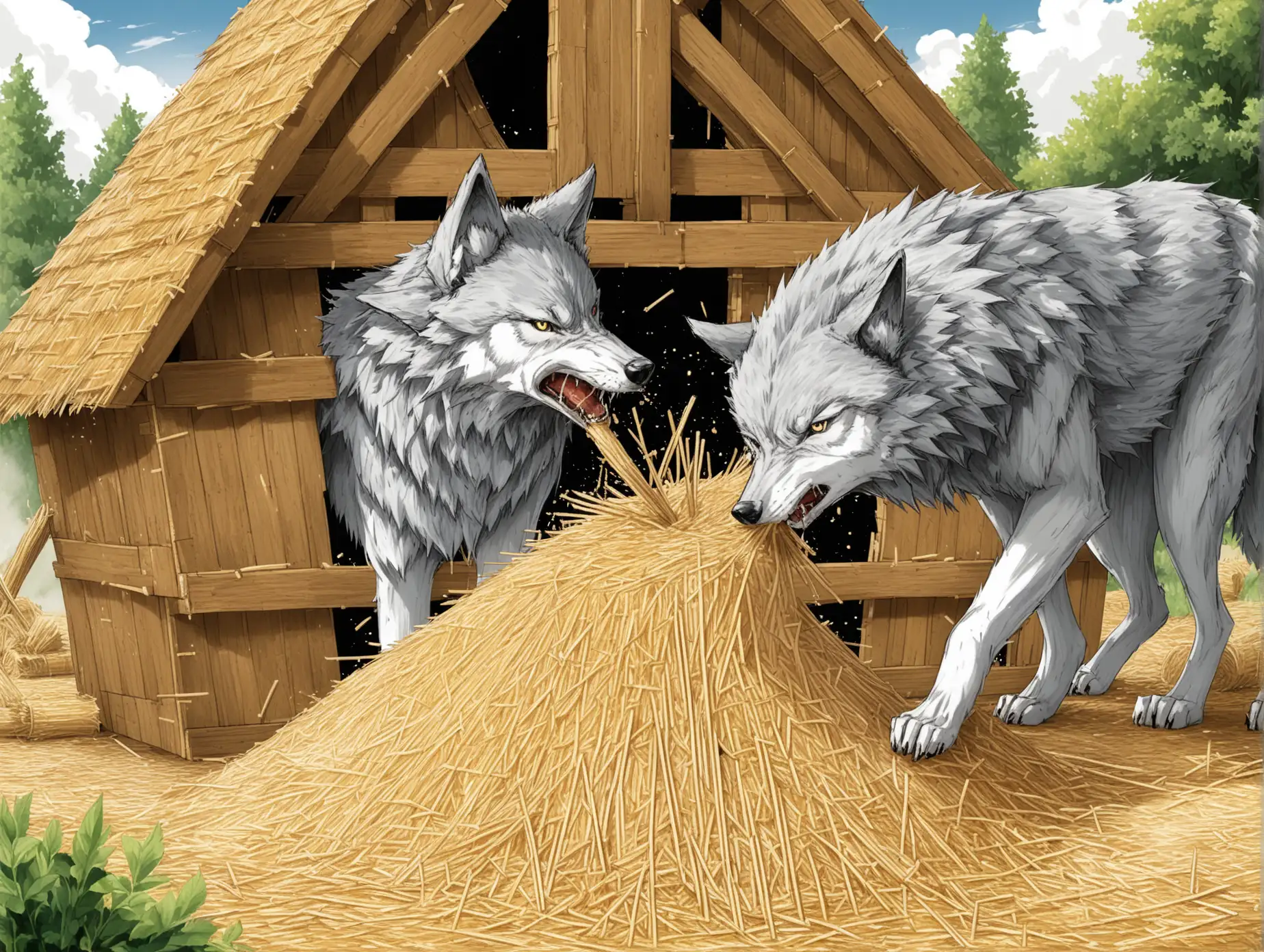 Wolf Blowing Down Straw House in Fairytale Scene