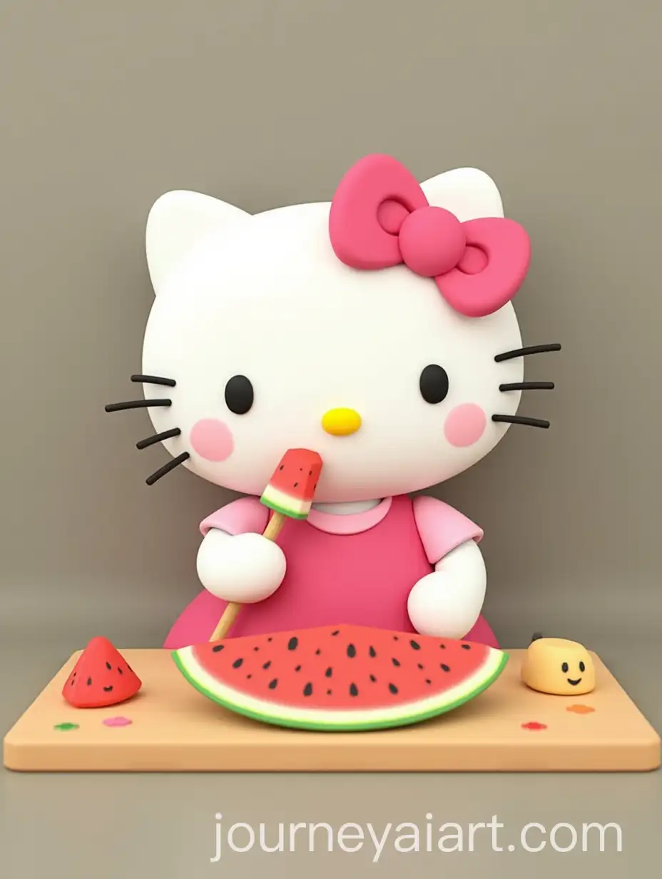 3D-Hello-Kitty-Sitting-at-Dining-Table-Enjoying-Watermelon