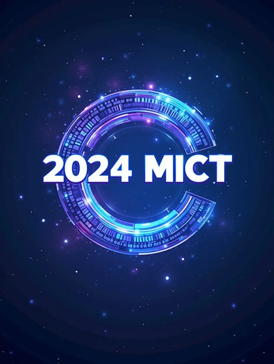 PLEASE Make me a forum poster. 'MICE', 'AI', 'TECH' have to look like 'Match words vertically and horizontally' with '2024 MICT' which is title of our forum. So, You have to emphasizing '2024MICT' is most improtant. Make the background sci-fi-style, or just base it on sky blue and purple gradation.