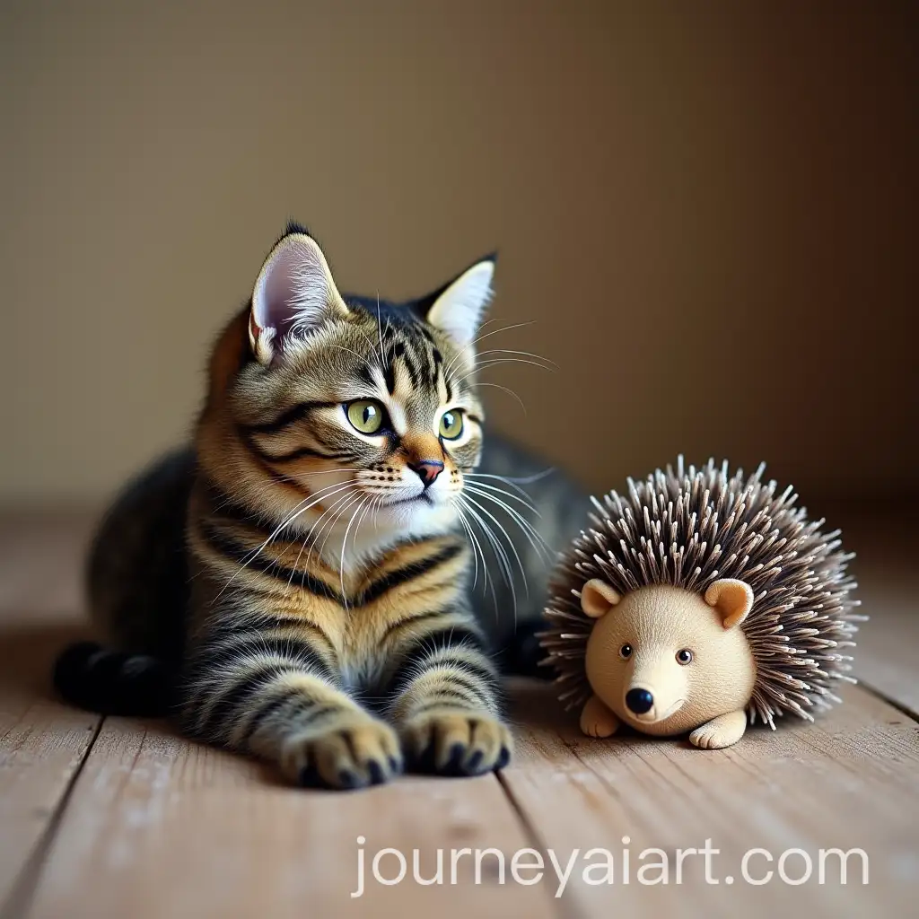 Scottish-Striped-Cat-Relaxing-Next-to-Hedgehog-Toy