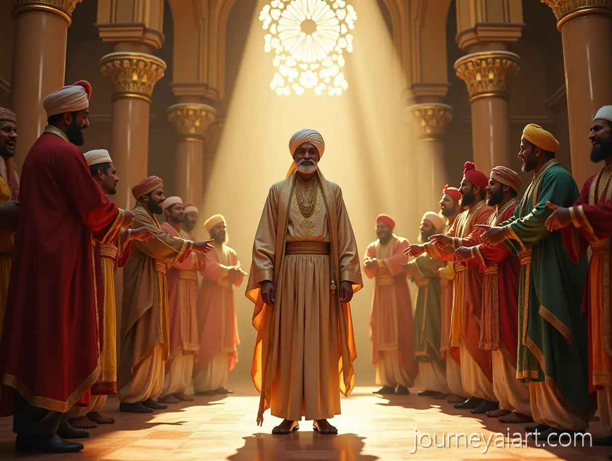 Mughal-RoyalRoyal-court-intrigue-Court-with-Elderly-Minister-Surrounded-by-Mocking-Nobles