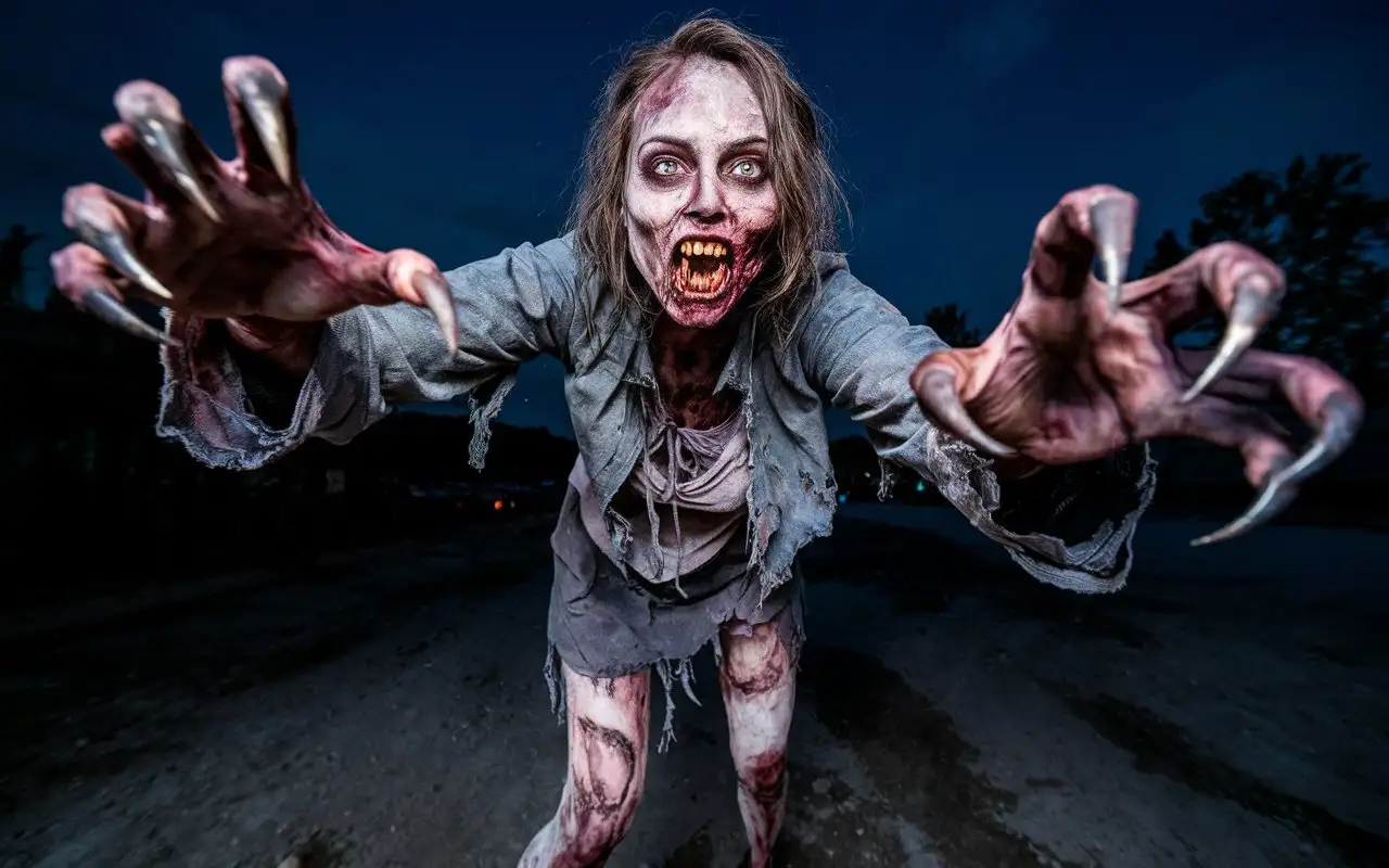 Nighttime-Zombie-Woman-with-Beast-Claws-in-Tattered-Clothes-Pursuing-Prey