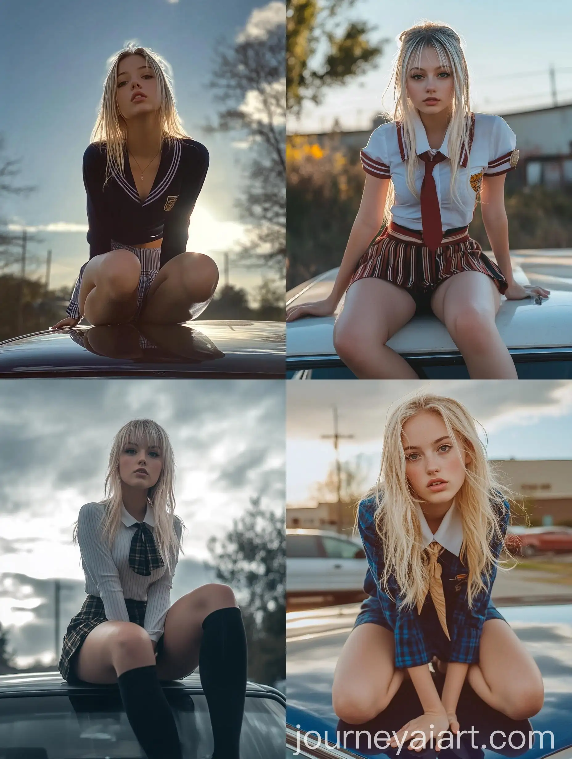 Blonde-Woman-Squatting-on-Car-Hood-in-School-Uniform