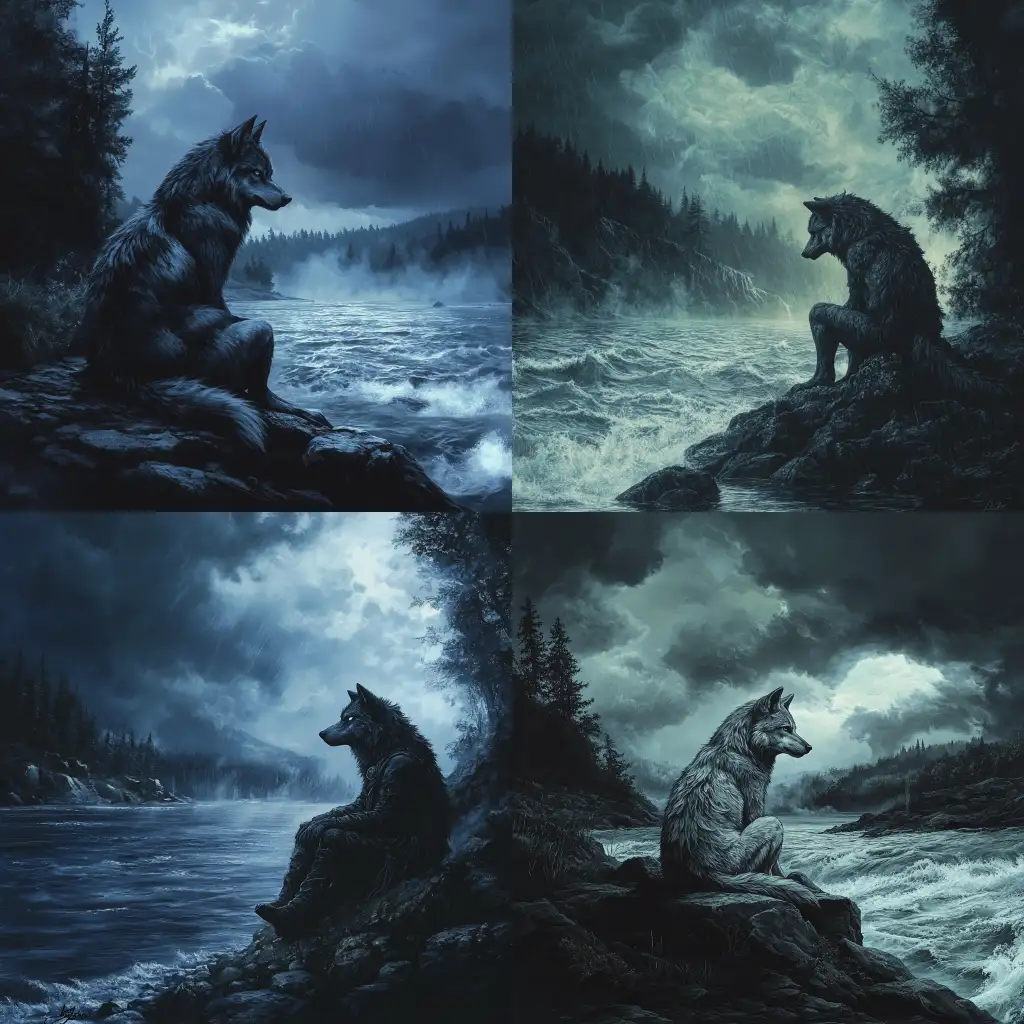 1970s-Dark-Fantasy-Book-Cover-Humanoid-Wolf-by-Rocky-Lakeside-Under-Stormy-Sky