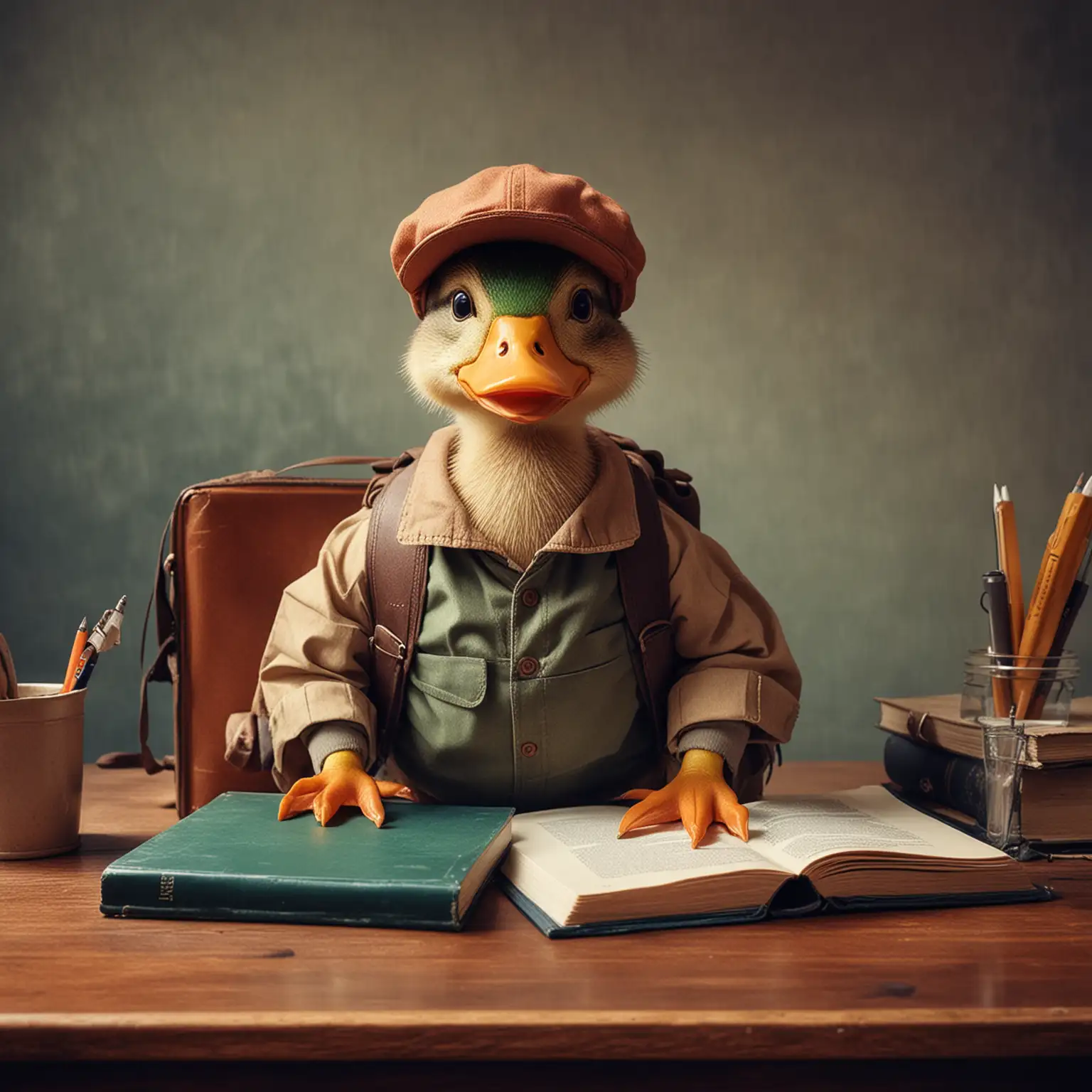 Duck-in-Cap-Sitting-at-Desk-with-Backpack-and-Book-on-September-1st