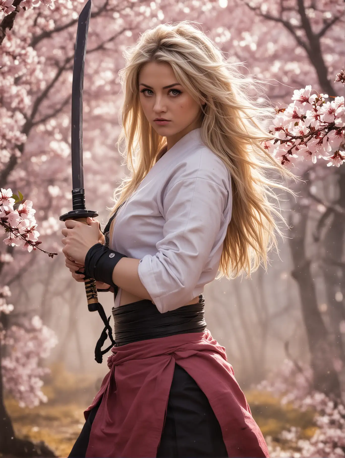 Eye level view, Angry face of Mia Malkova cosplaying as Naruto stands proudly with piercing eyes staring ahead, long flowing hair, she was holding a katana in the cherry blossom forest background of light mist and wind blowing