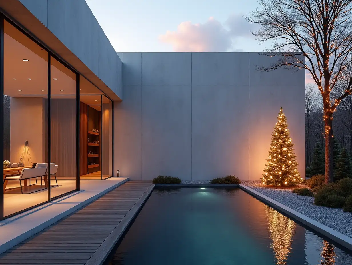 Modern-Architectural-Environment-with-Sunset-Lighting-and-Christmas-Decorations