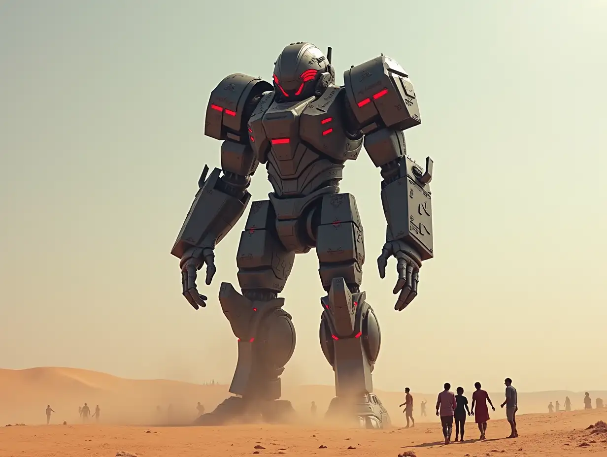 Create for me a 20 meter Android Titan Cyber Human in black red with armor in a vast desert with many people.