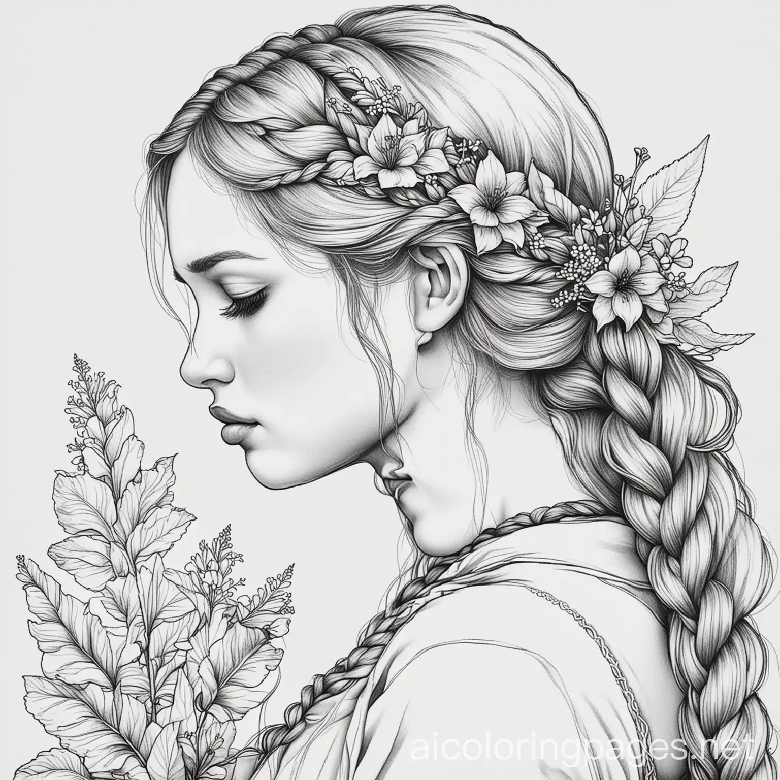 Woman-with-Braided-Hair-Smelling-Flowers-Coloring-Page