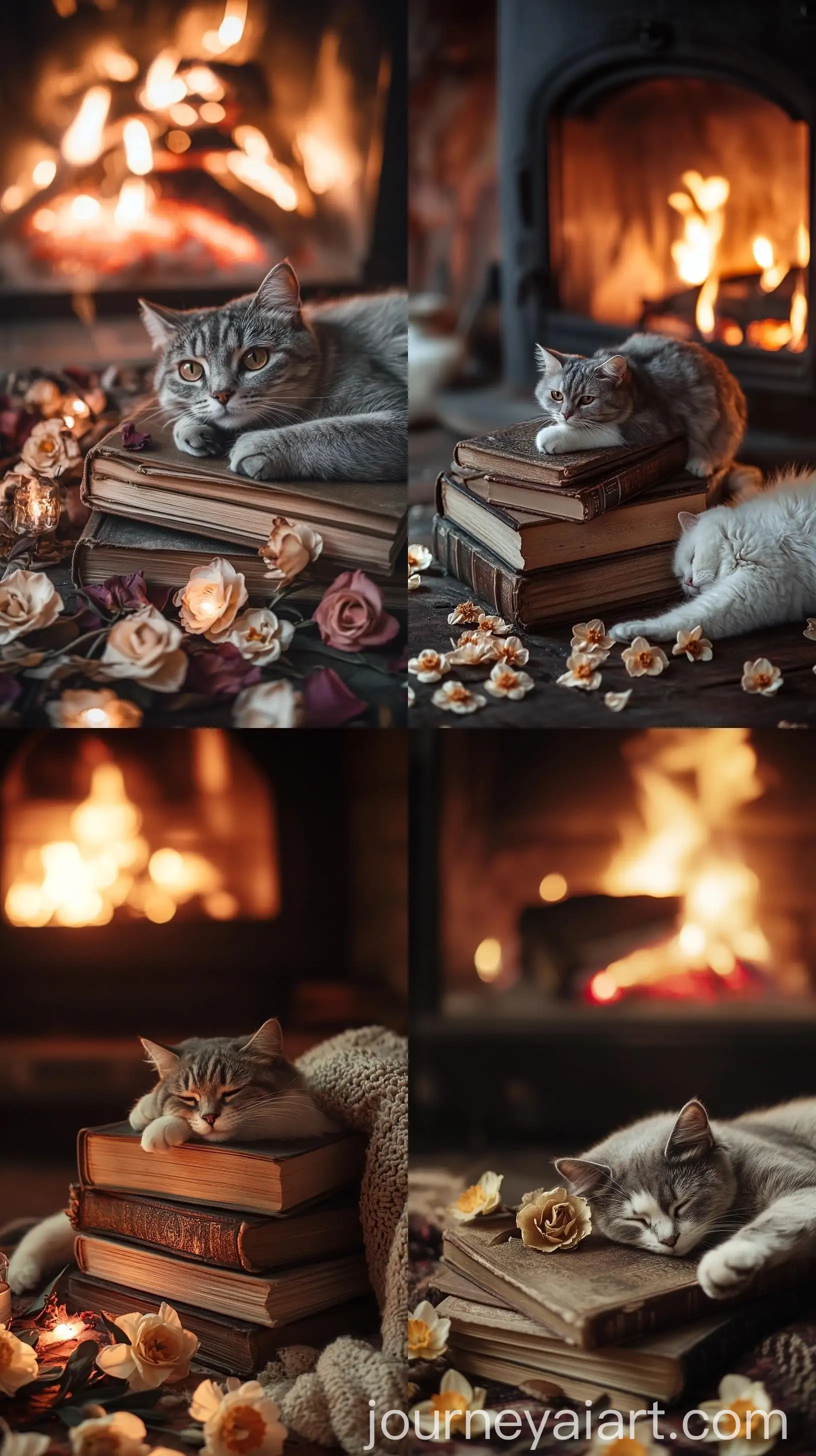Cozy-Vintage-Books-and-Dried-Roses-by-Fireplace-with-Cat