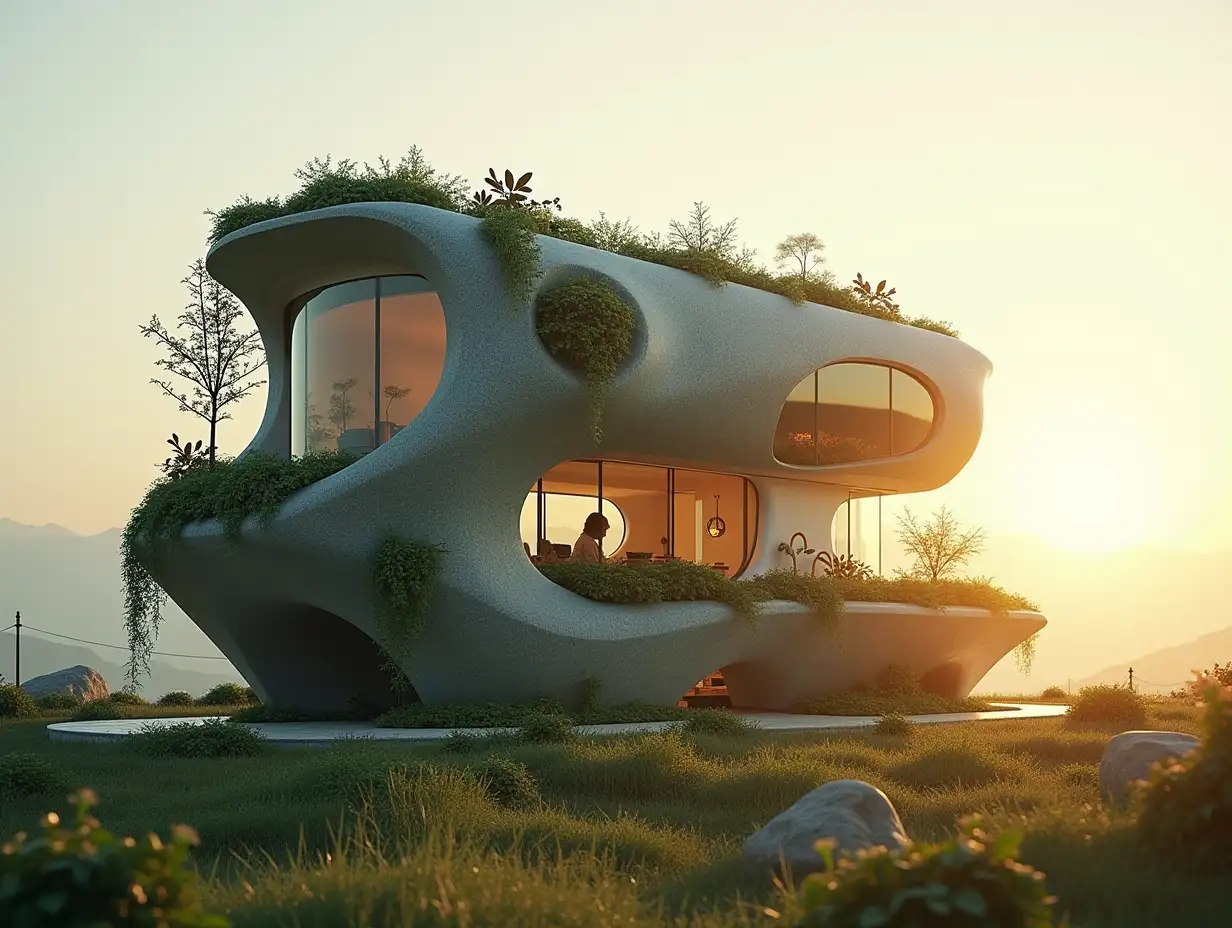 Two-story, biomorphic with plants grown and a hypermodern vehicle stands there the sun is shining