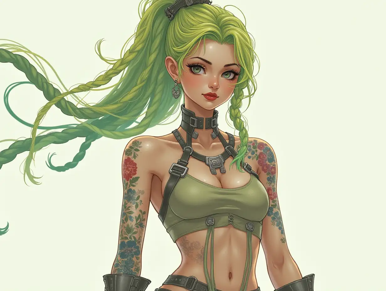 Depiction of a beautiful white woman with -tattoo, long mixed green-yellow braided hair in a futuristic style and laced boots.