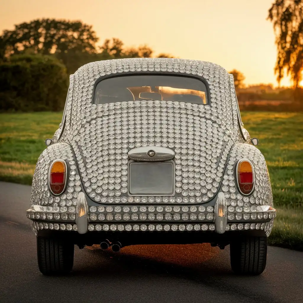 a car made of diamond, vintage, retro, on the road, back of the car view