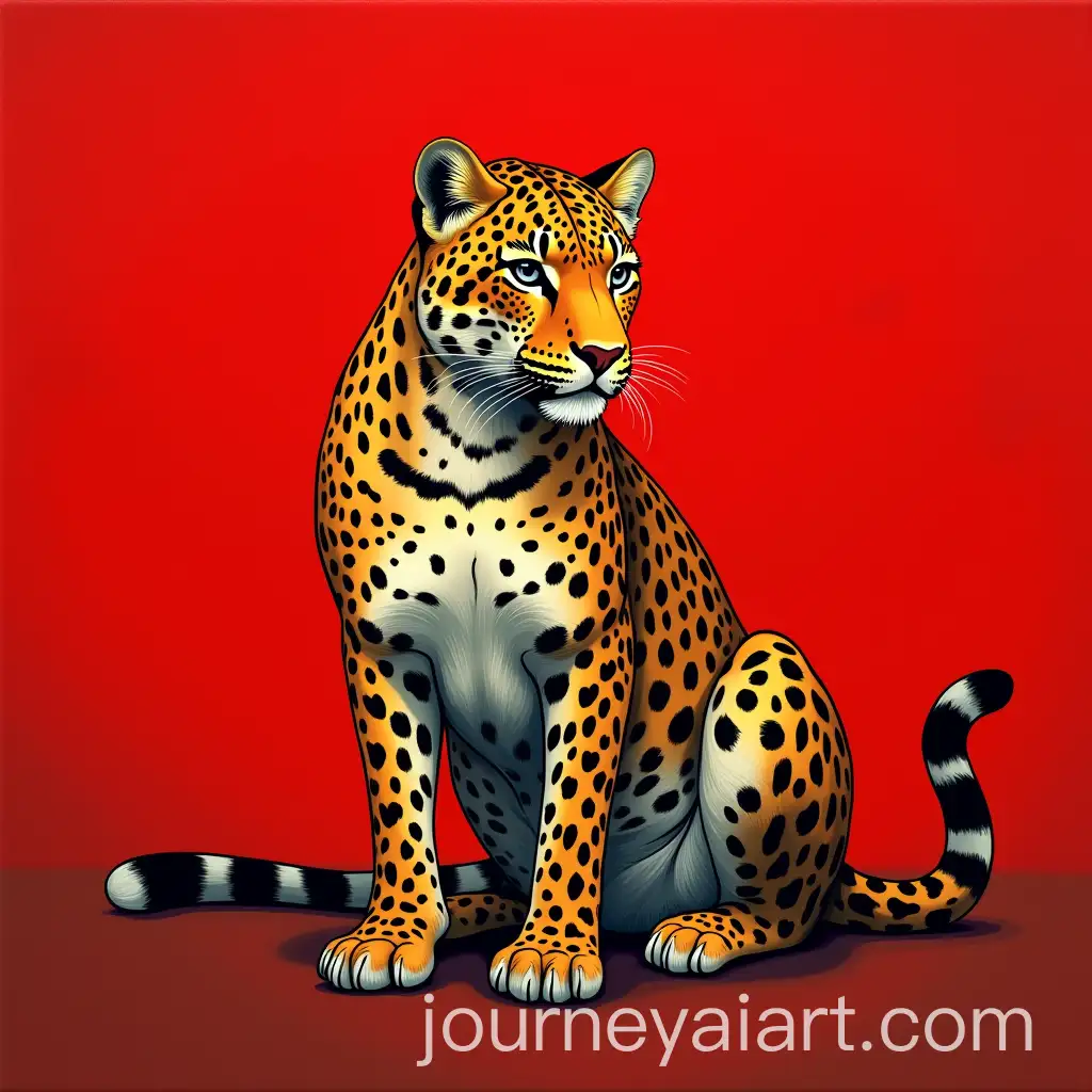 Leopard-Sitting-Against-Red-Wallpaper-in-Elegant-Setting