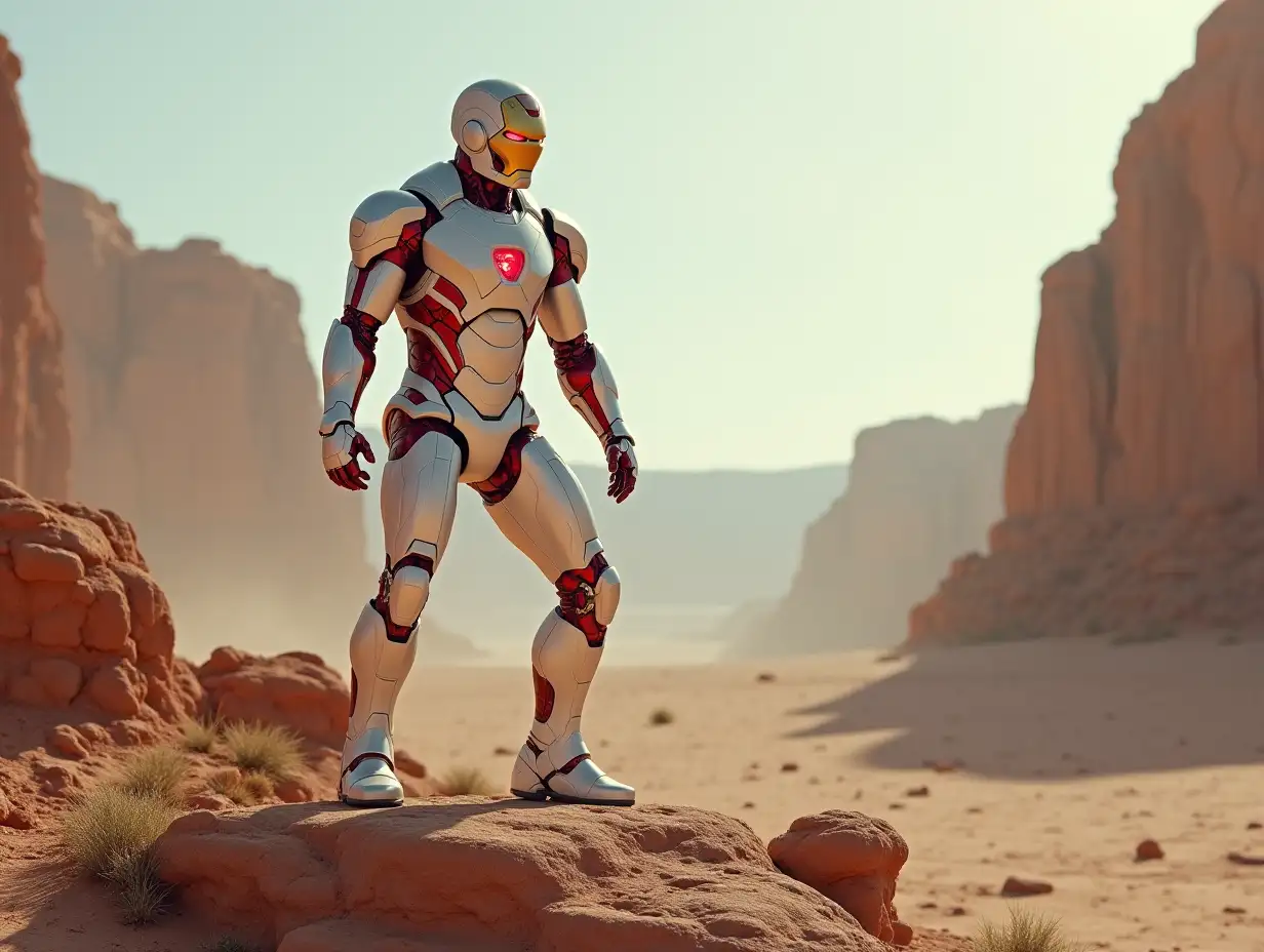 Iron-Man-with white suit in the stony desert landscape on a rock with ruby body taking