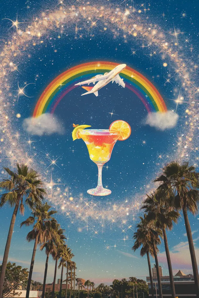 Cocktail Airplane Flying Over Palm Trees with Sparkles