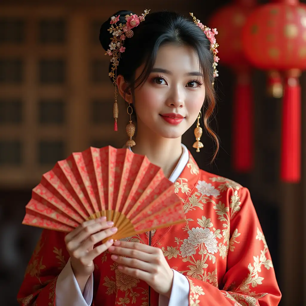 Sleeping-Beauty-in-Traditional-Costume-Holding-a-Fan-in-Studio-Photoshoot