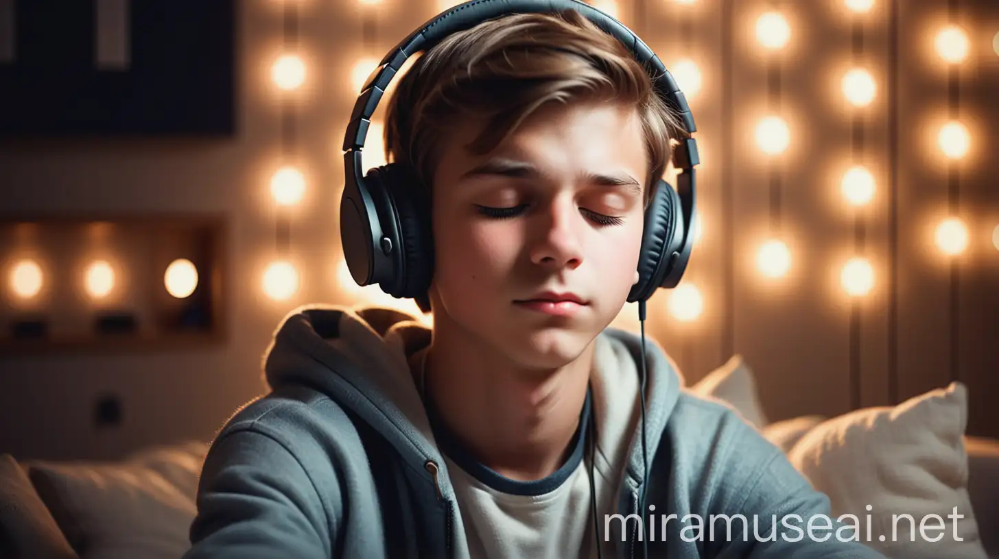 Young Boy Lost in Music with Trendy Headphones in Cozy Ambiance