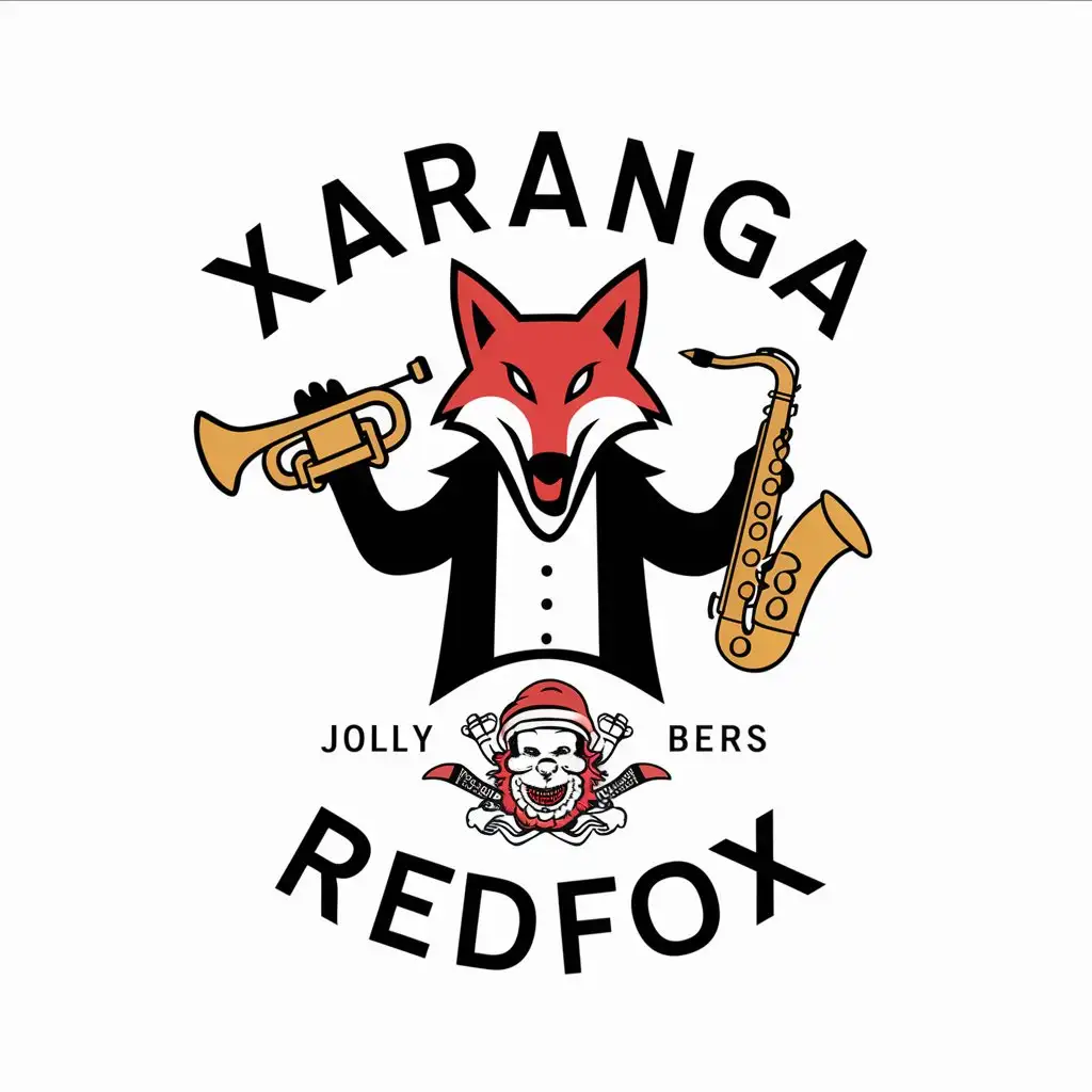 a vector logo design,with the text "Xaranga RedFox", main symbol:A mad fox with a trumpet in one hand and a saxophone in the other, below a jolly roger of beers. Simple. White background.,Moderate,be used in Musical Performances industry,clear background