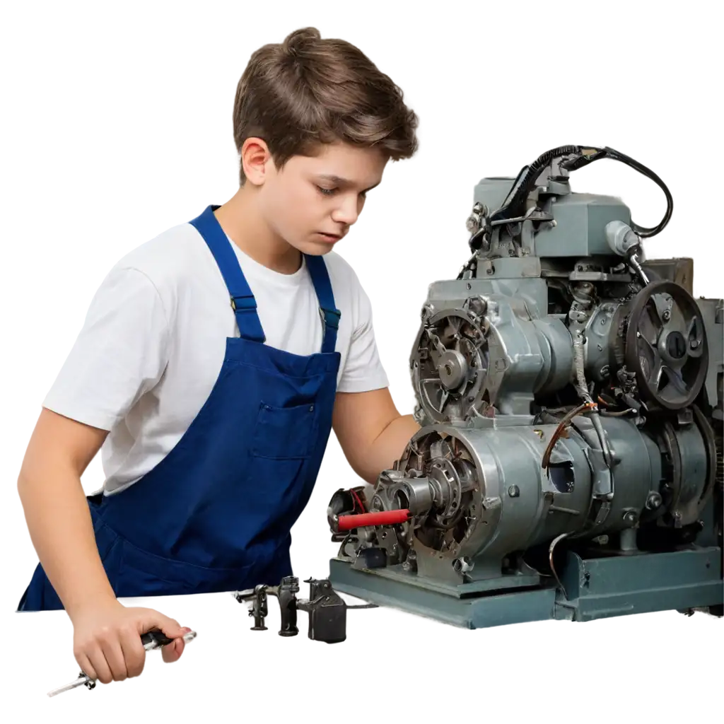 Young-Male-Student-Working-on-an-Electric-Motor-in-a-Mechanical-Workshop-PNG-Image-for-Educational-and-Industrial-Use