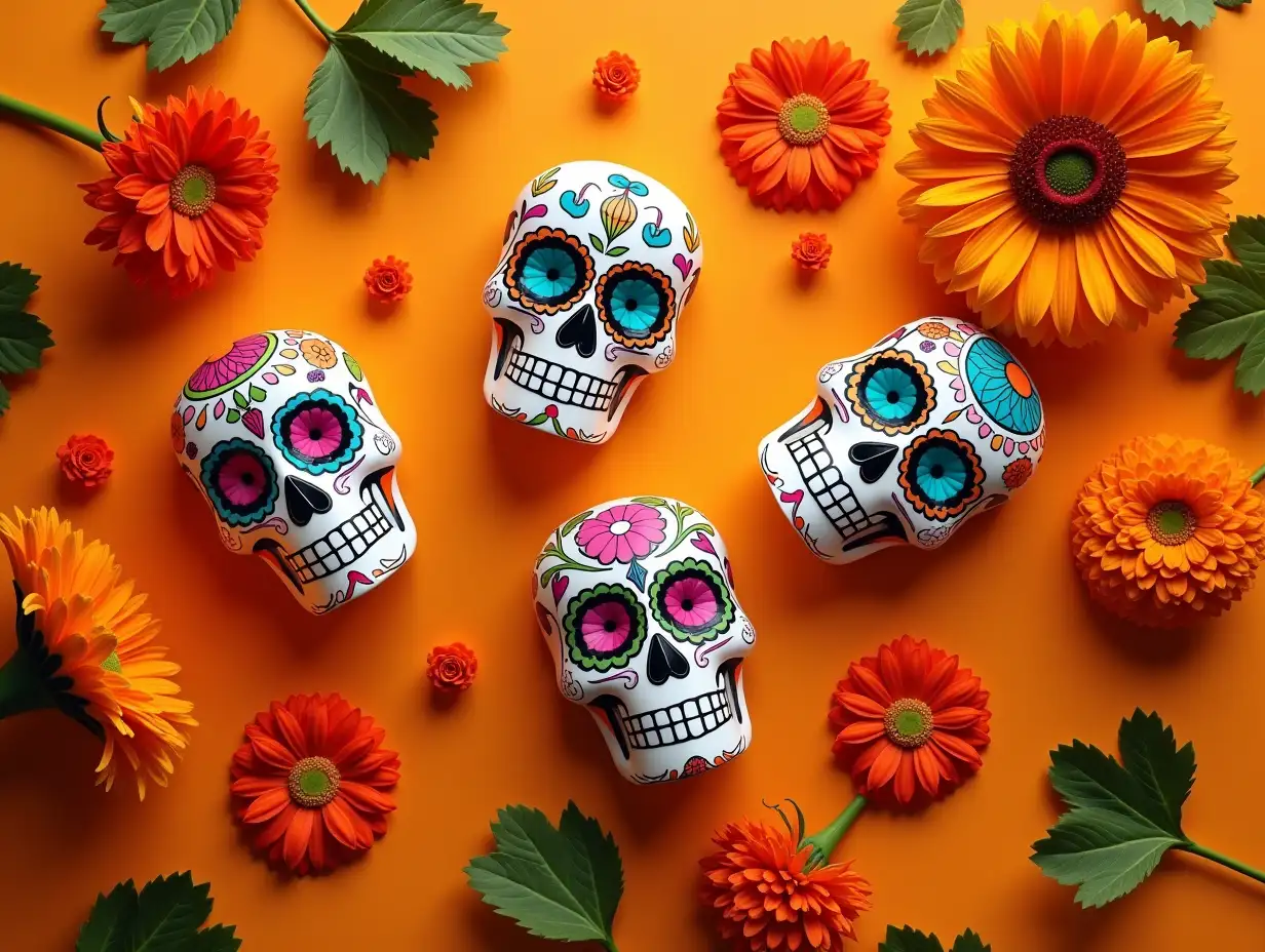 Day of the dead, Dia De Los Muertos, halloween Celebration Background. Sugar Skull, calaverita, marigolds flowers, Orange Copy Space. Traditional Mexican culture festival flyer. Flat lay, top view.