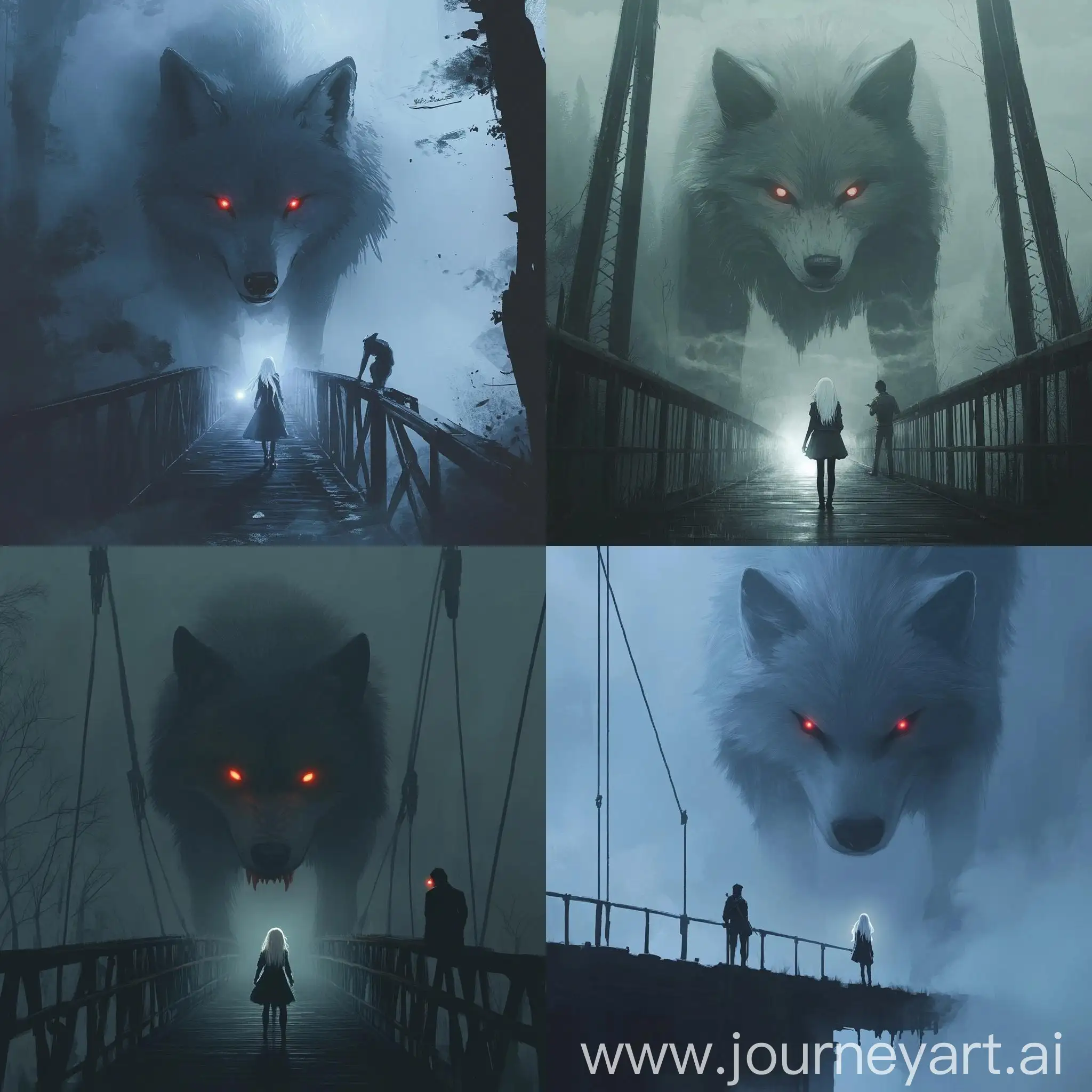 Mysterious-Encounter-on-Bridge-RedEyed-Girl-Man-with-Flashlight-and-GlowingEyed-Wolf