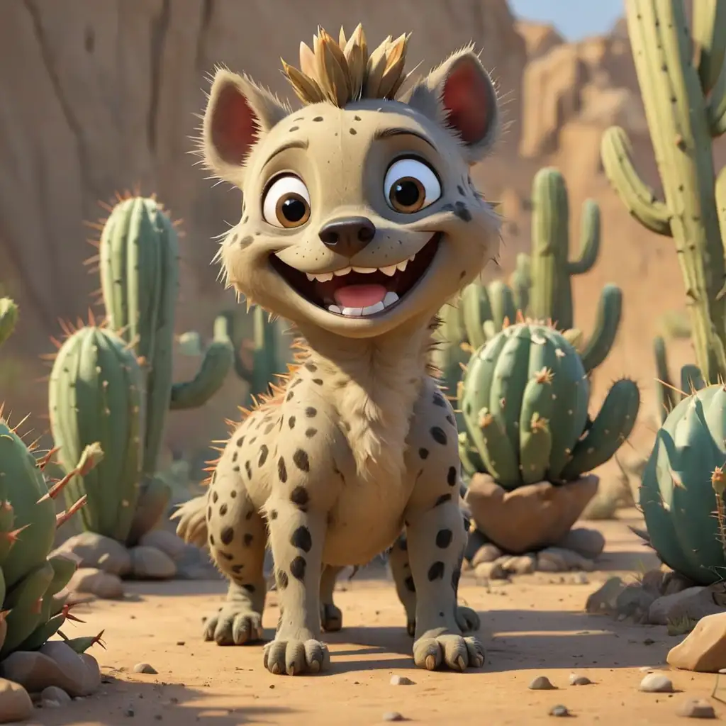 Cartoon Cactus and Smiling Hyena Whimsical Desert Friendship