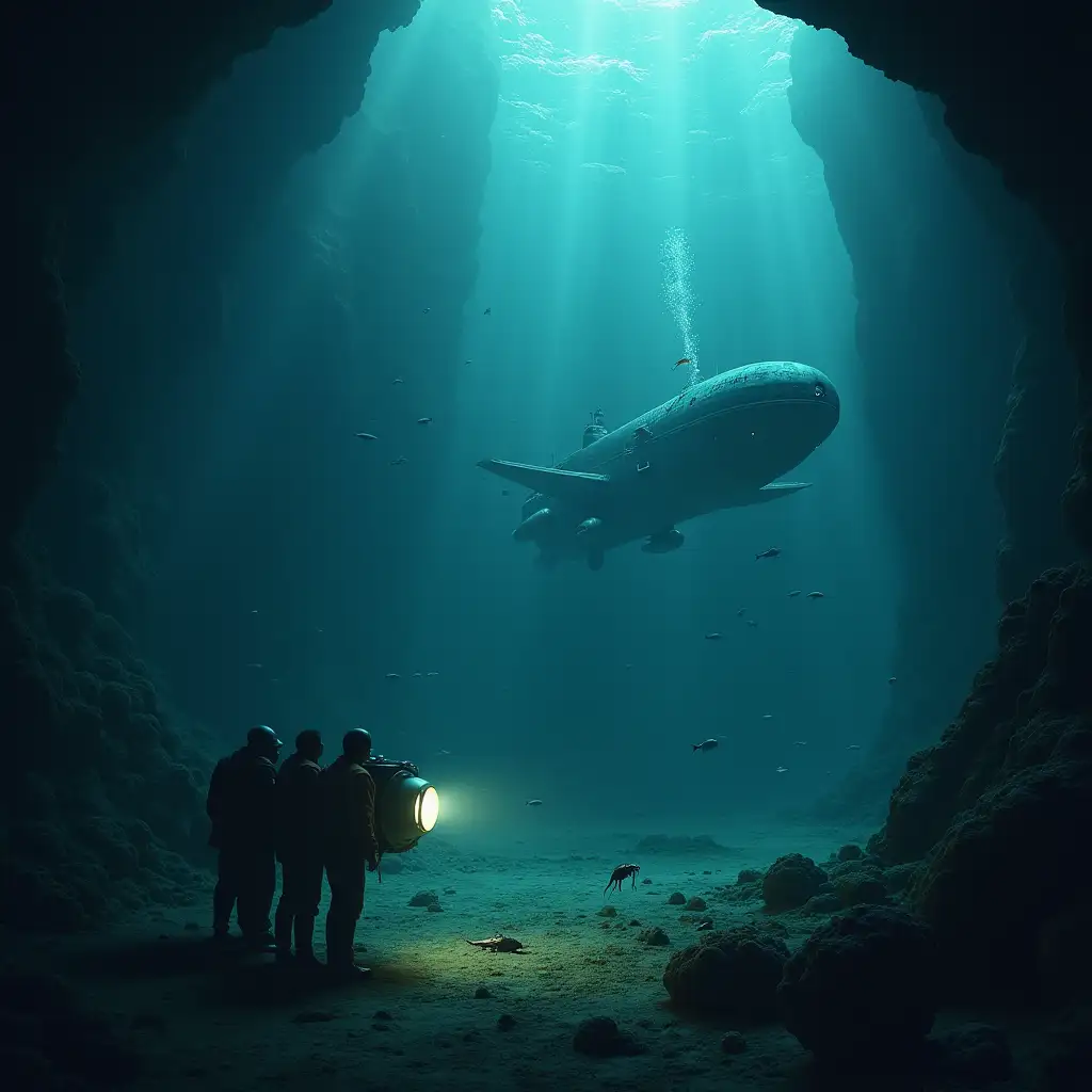 A group of scientists in a submersible explore the depths of the ocean and discover a fleet of alien ships perched on the seabed.  Small, intelligent-looking aquatic aliens swim around the ships, curiously watching the submersible. The scientists are dumbfounded, and the submersible's illumination creates a dramatic effect in the dark, mysterious water.