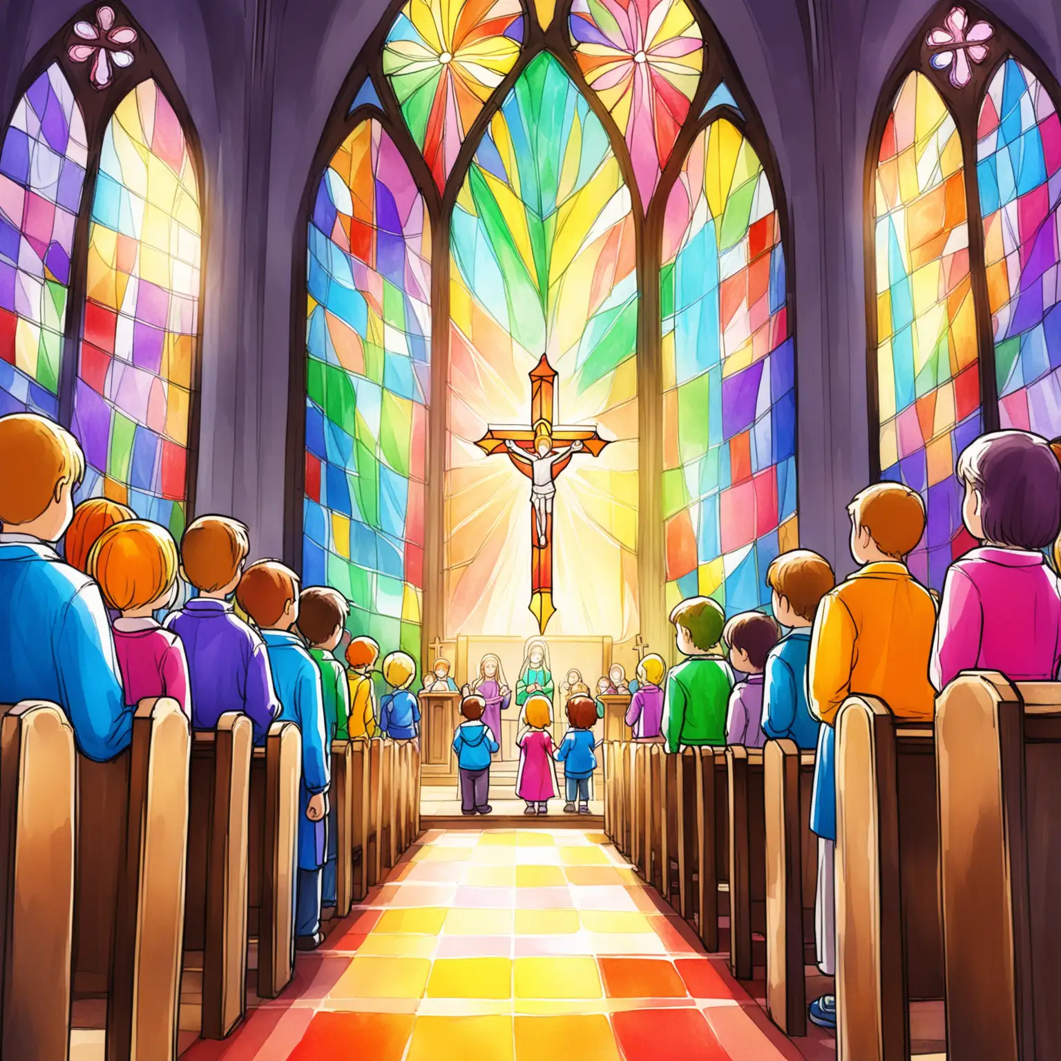 Childrens-Colorful-Drawing-of-People-Inside-a-Church-with-Stained-Glass-Window