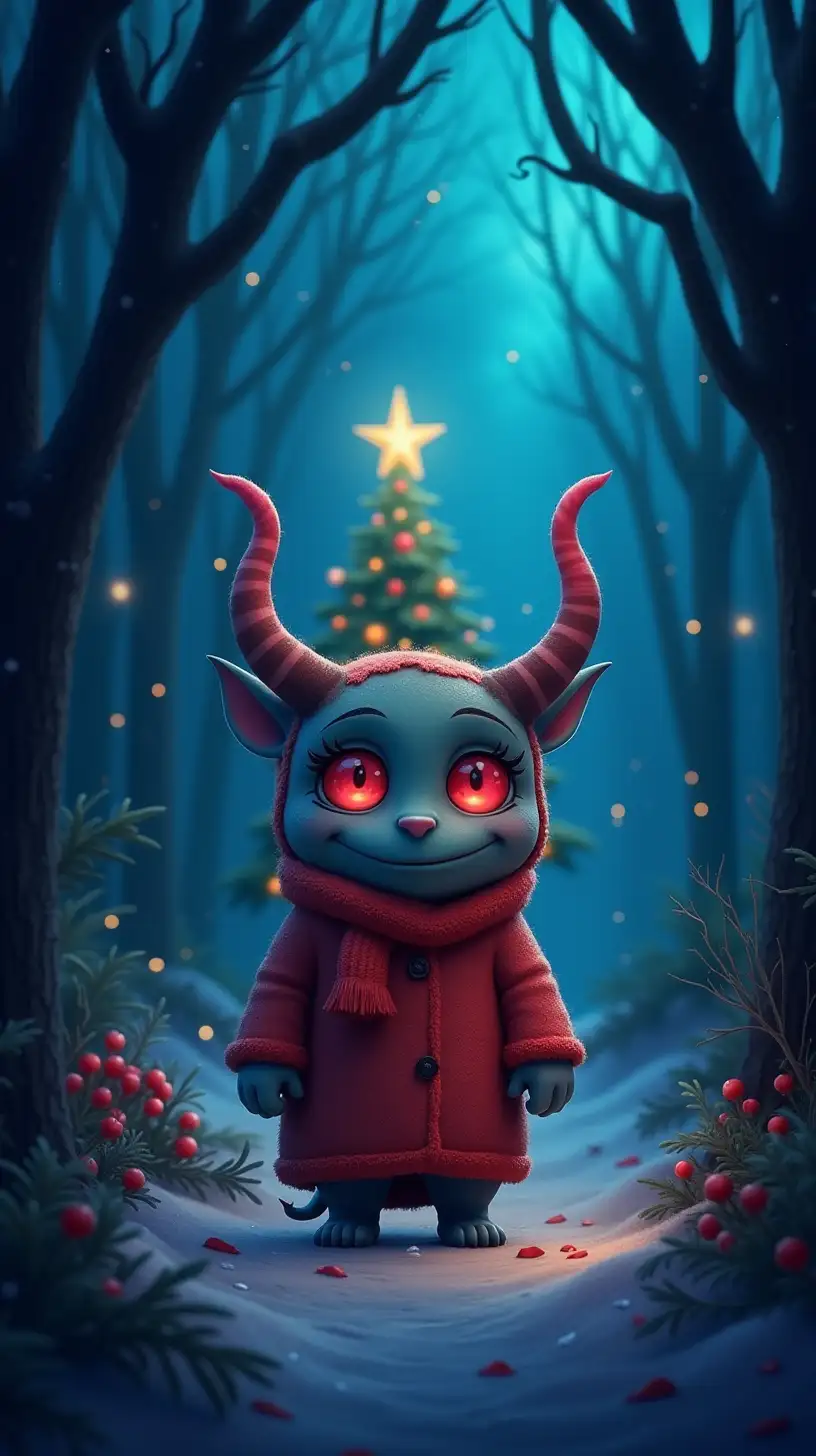 Cute Christmas Demon in a Magical Twilight Forest with Colorful Fir Tree