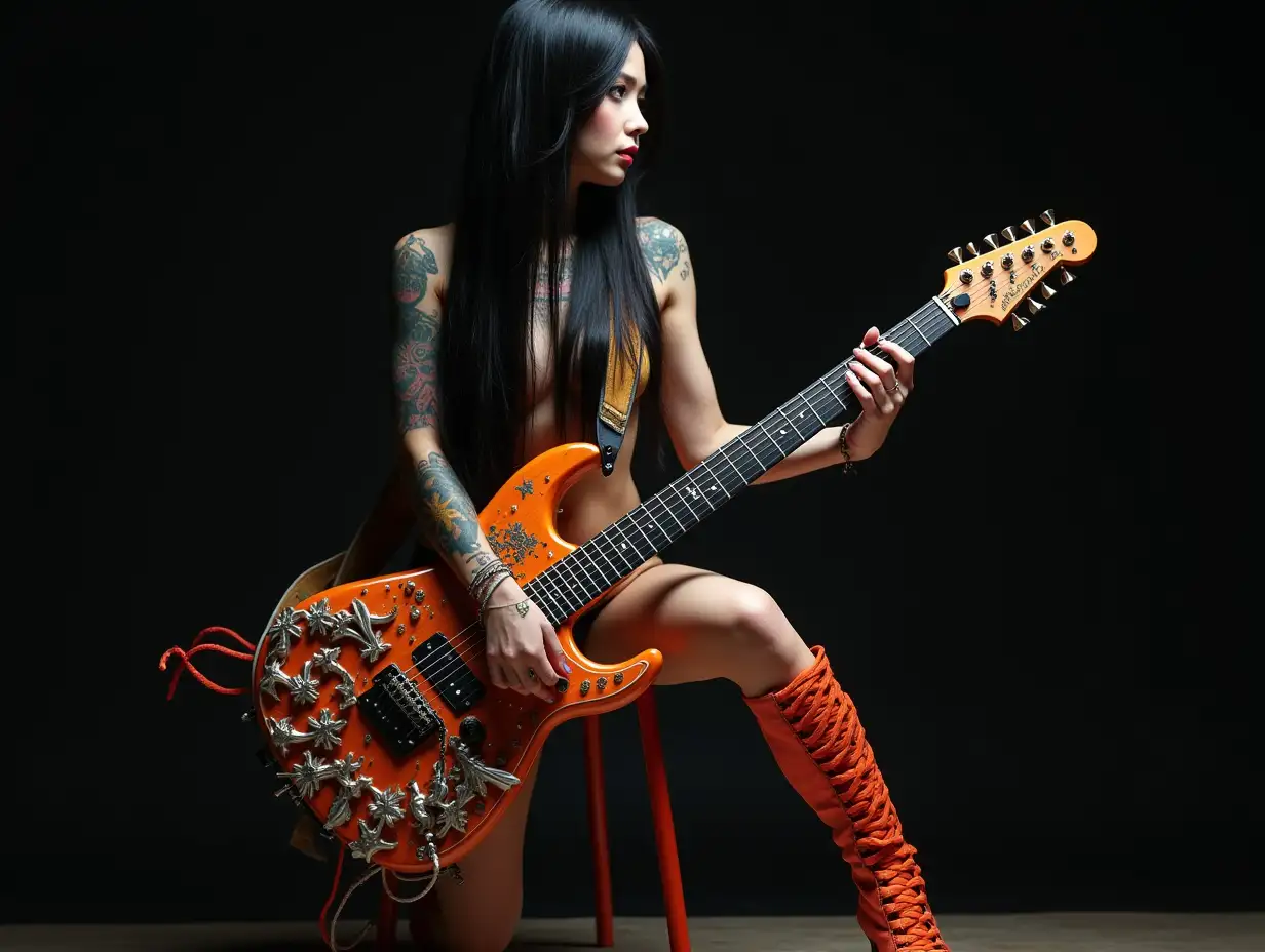 user_prompt: Hyperrealistic depiction of a beautiful white woman with a -tattoo, futuristic long black hair with orange braided and laced boots, holding an electric guitar with intricately detailed, colorful and futuristic decorations. Blurred black background 120-mm shot