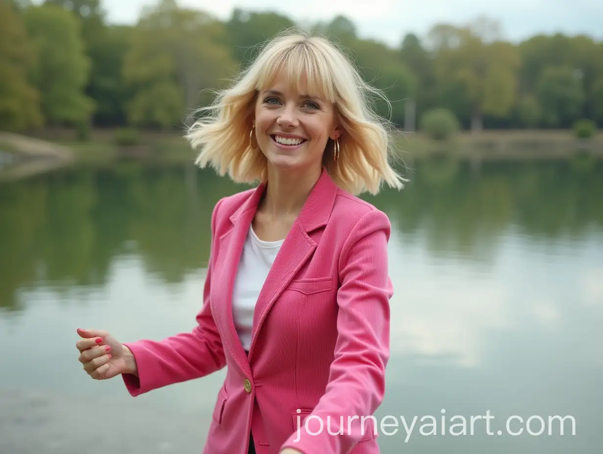 Happy-Woman-in-Pink-Corduroy-Suit-Dancing-by-a-Lake