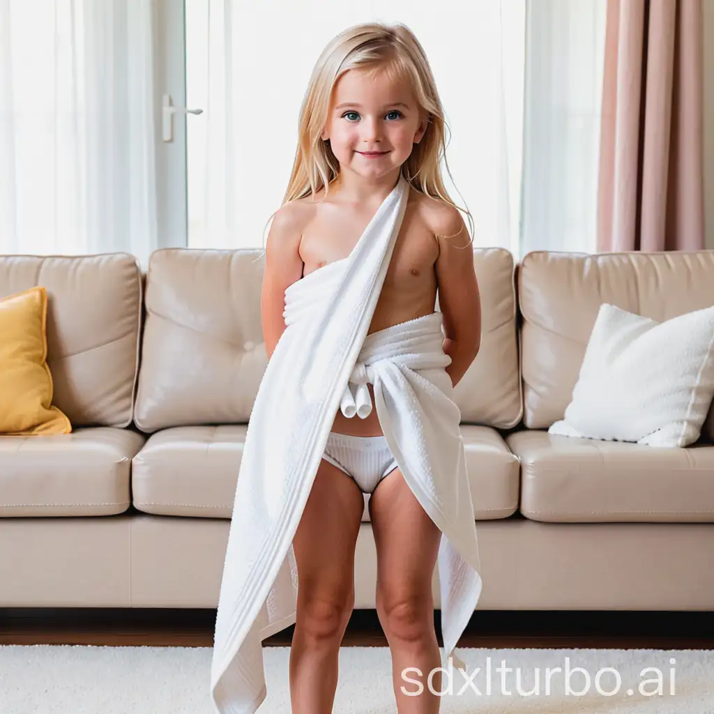 Adorable-Blonde-Young-Girl-Standing-by-Sofa-with-Towel-Around-Waist