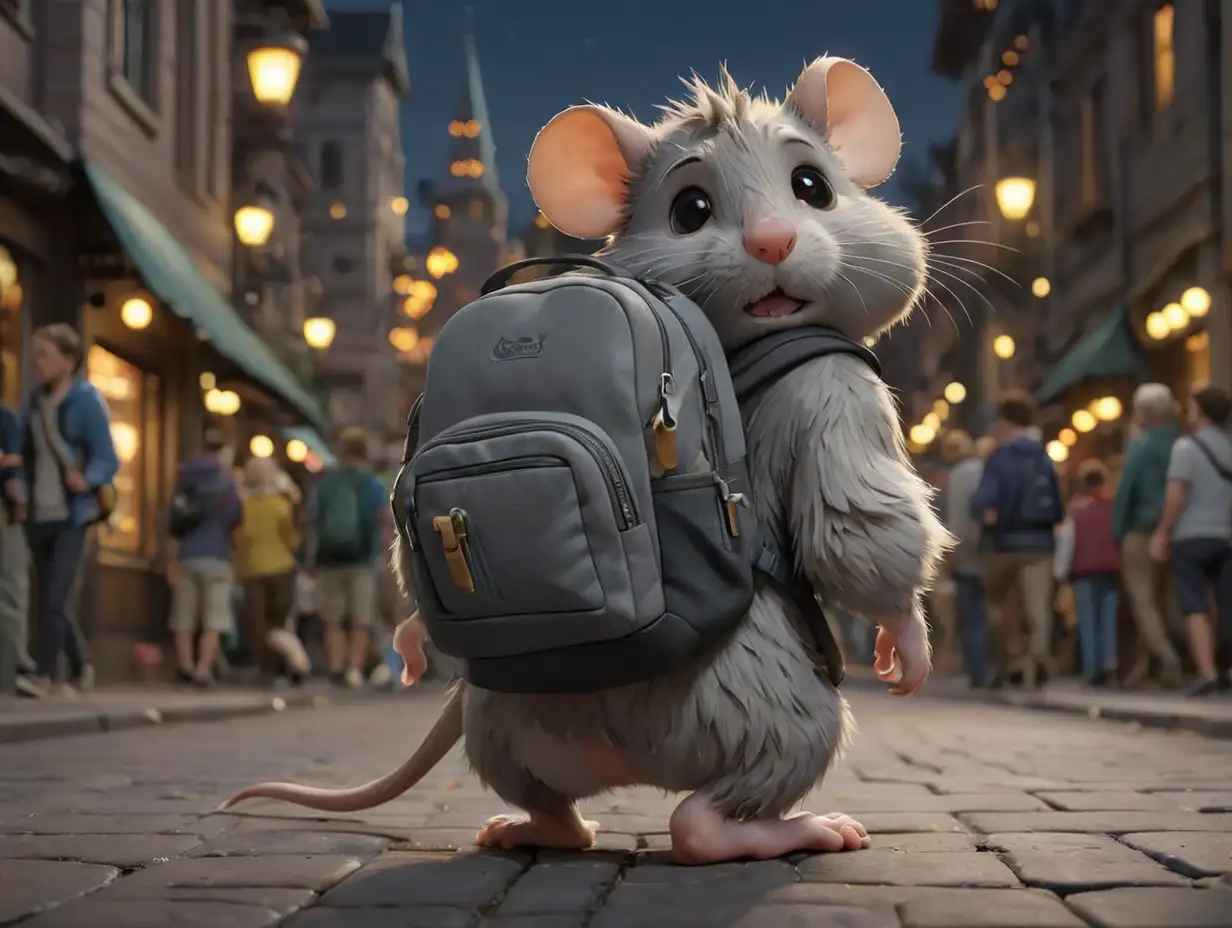 Night-Scene-with-Cute-GrayFurred-Rat-and-Backpack-in-Busy-Street