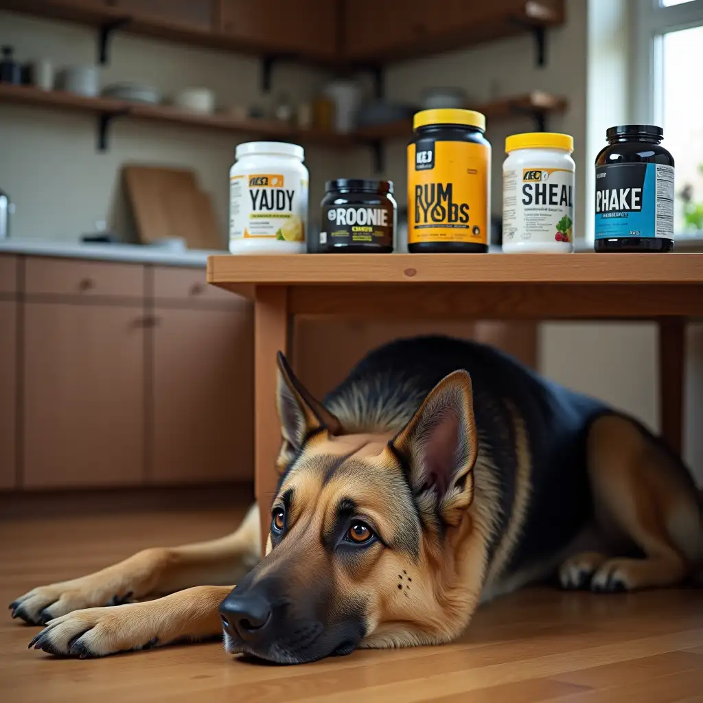 Healthy-Lifestyle-Protein-Shakes-and-Supplements-with-a-Relaxed-German-Shepherd