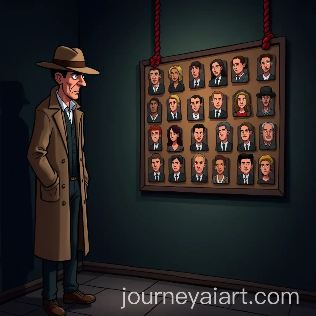 Cartoony-Detective-Scene-with-Cork-Board-and-Mystery-Faces