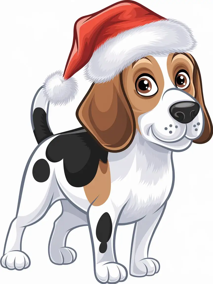 a cute cartoon clipart of a Beagle Dog standing, resembles a miniature Foxhound, but the head is broader and the muzzle shorter, the expression completely different and the legs shorter in proportion to the body, white with large black areas and light brown shading fur, wearing a Santa hat, big round eyes, happy look on face, white background