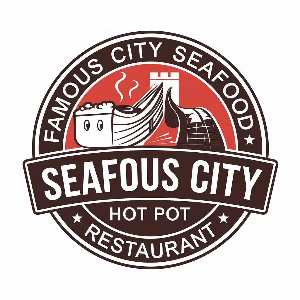 a vector logo design,with the text "famous city seafood hot pot restaurant", main symbol:Great Wall, steam,Moderate,be used in Restaurant industry,clear background